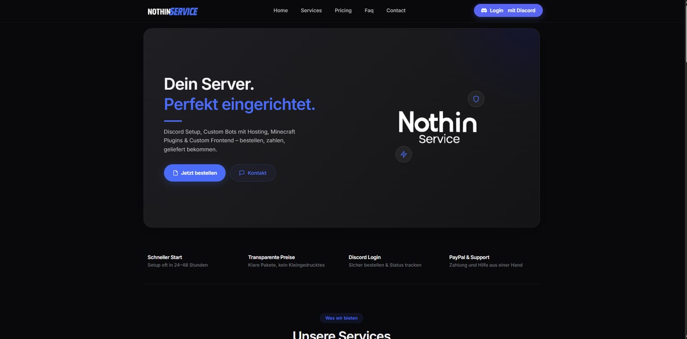 Ausschnitt der Startseite von Nothin Service für Discord-Server-Setup