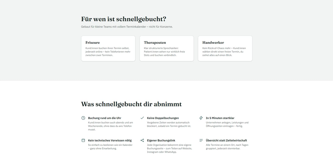 Ausschnitt der Buchungsseite schnellgebucht für Friseure, Therapeuten und Handwerker